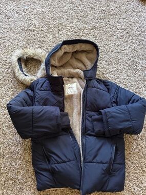 Abercrombie & Fitch Kids Navy Puffer Coat with Faux Fur Hood